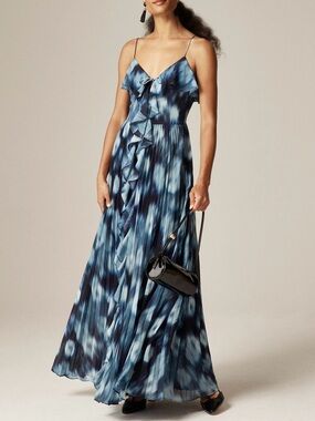 J.Crew NWT Collection chiffon ruffle dress in blurry floral print Size 6 Blue